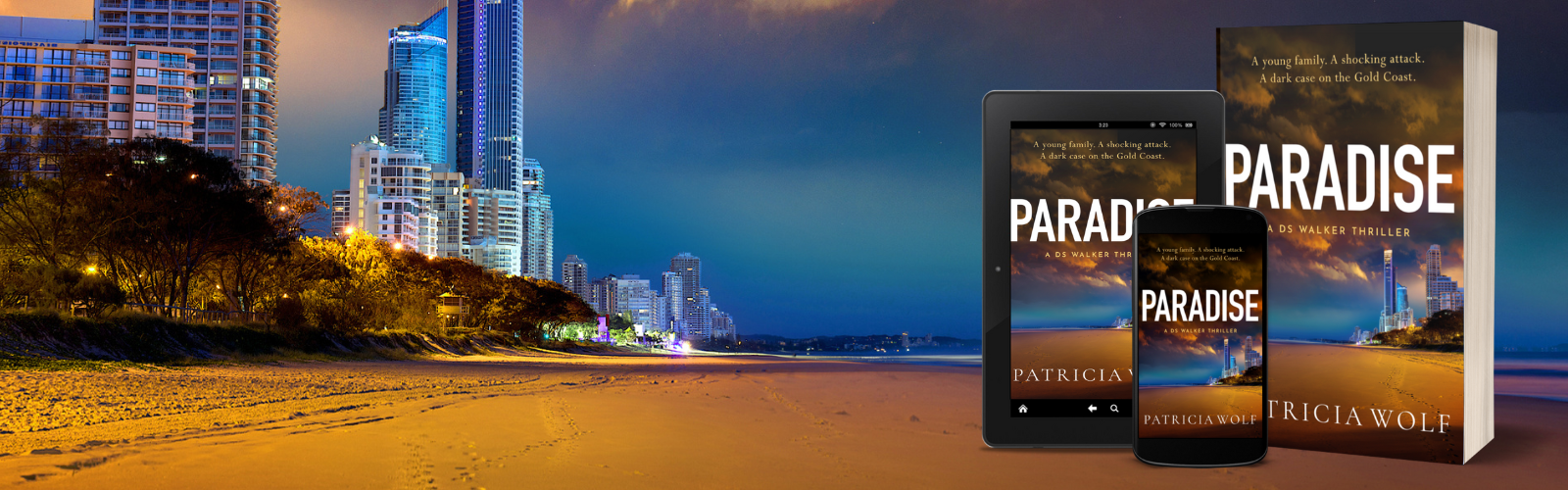 audio, ebook and paperback copies of Paradise by Patricia Wolf against beach backdrop.